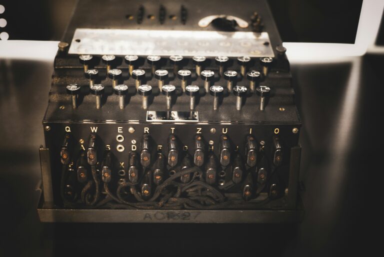 A close-up of an Enigma machine, a device used by the Germans during World War II for encrypting messages.