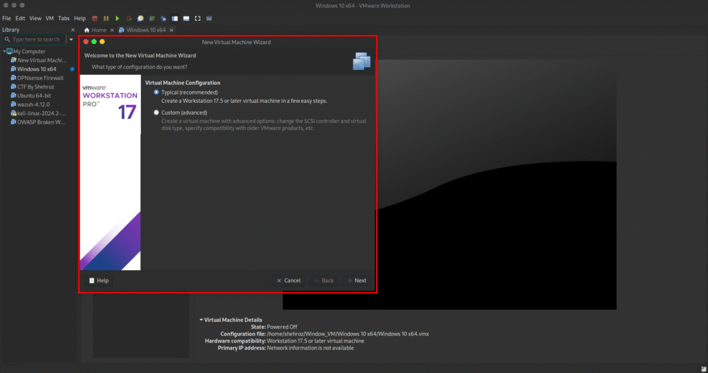 Virtual machine setup interface displayed.