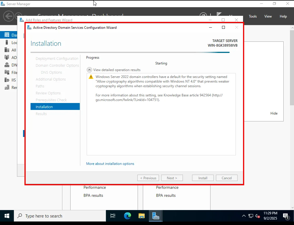 Active Directory Domain Services Configuration wizard installation Setup