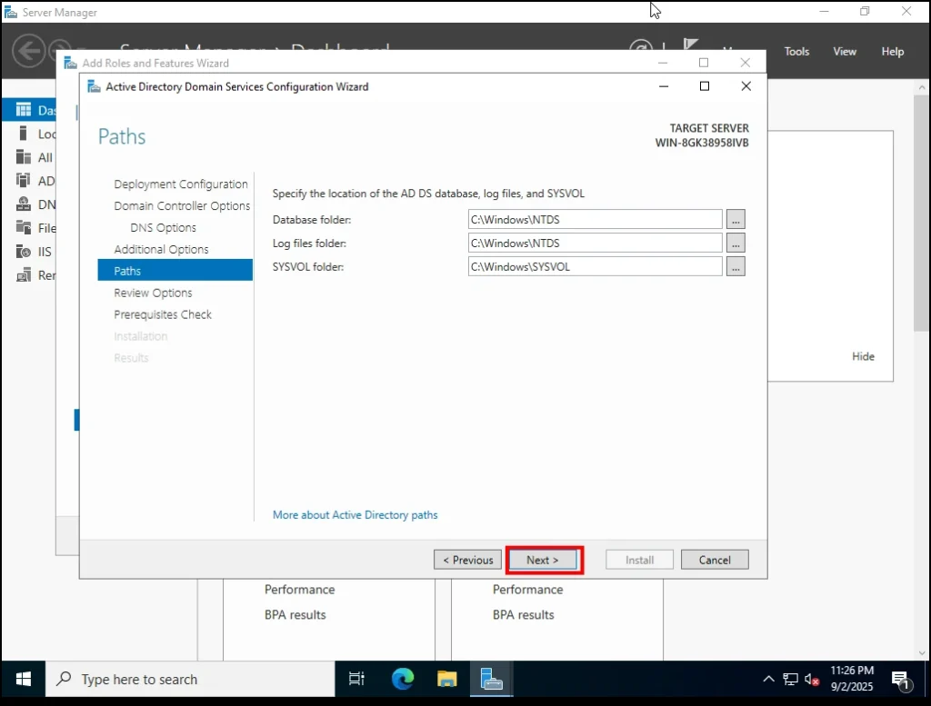 AD - DS configuration wizard Screen