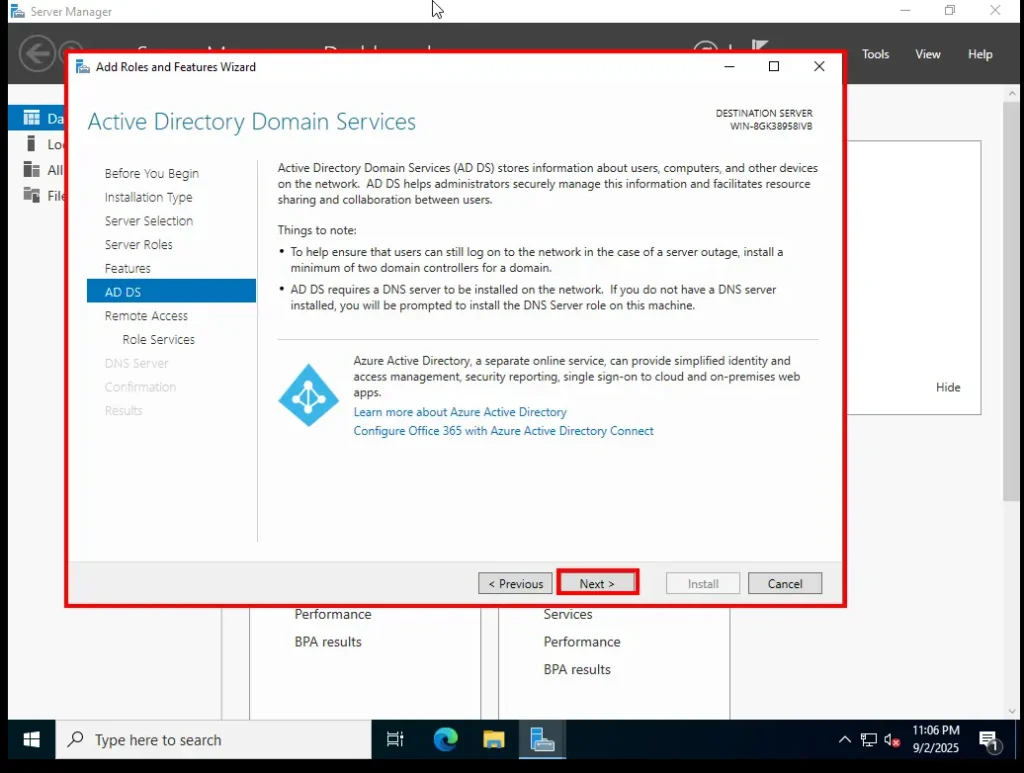 Active Directory Domain Services Widget Screen