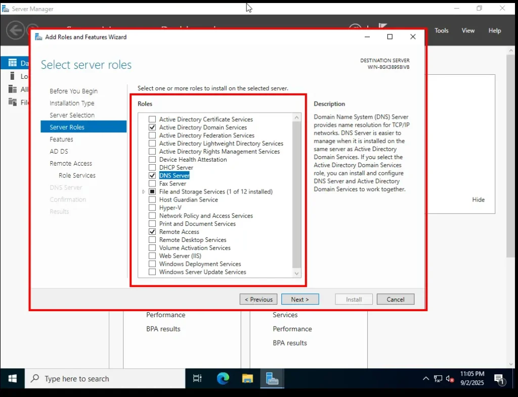 Check the options DNS server and Remote Access Server