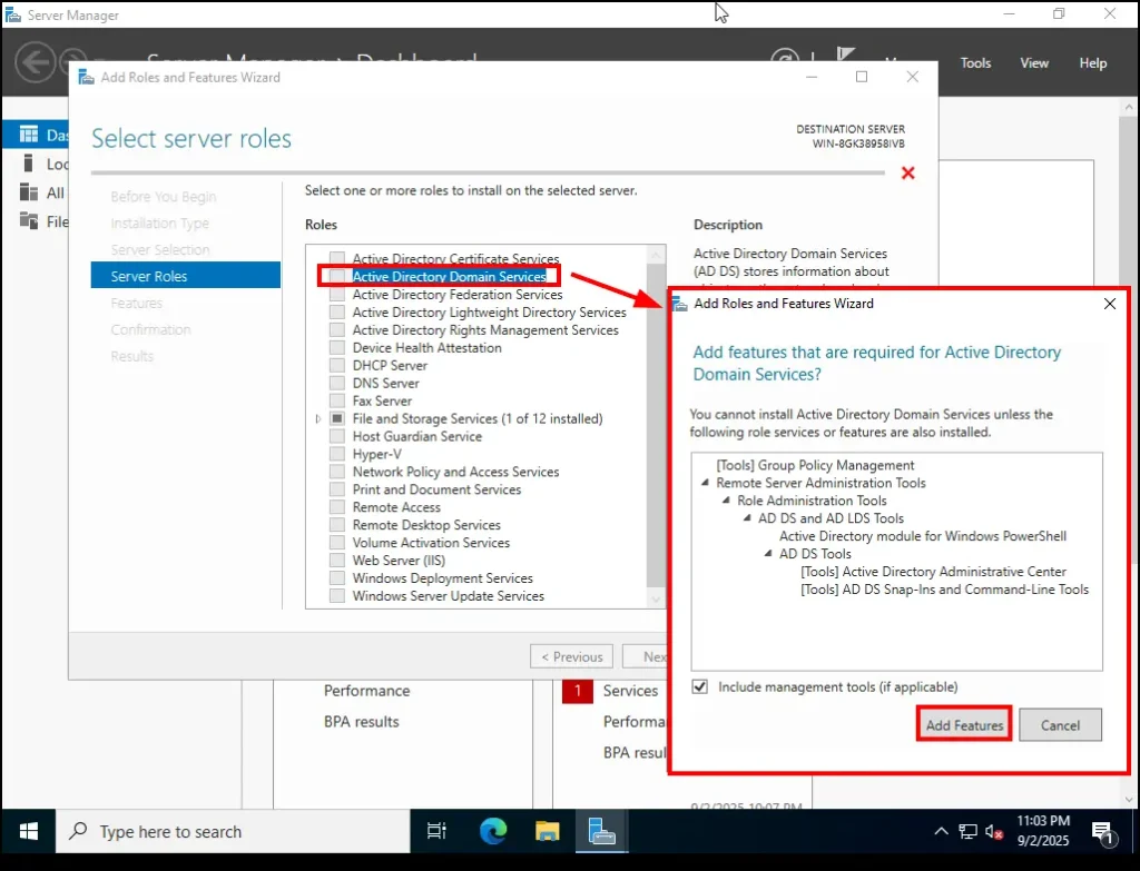 Click on Active Directory Domain Services