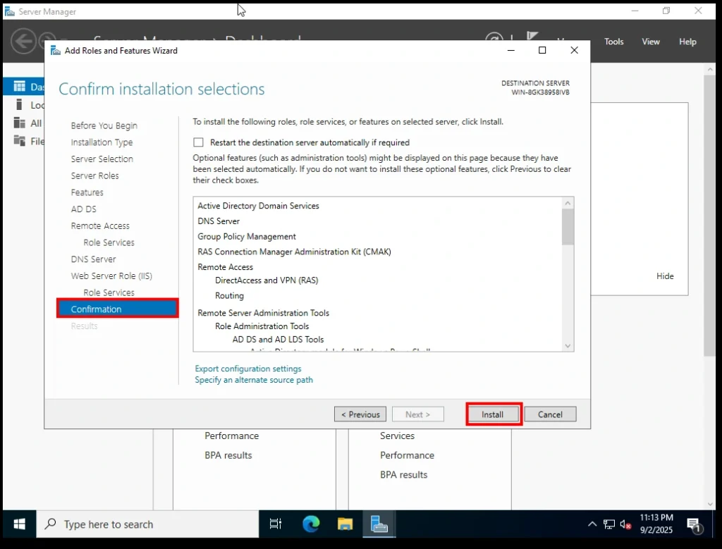 Confirm Installation Selection Widget Screen
