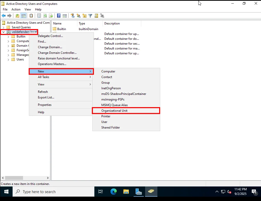Creating an Organizational Unit on Window Server