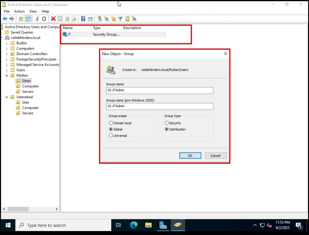 DL-IT admin group on window server
