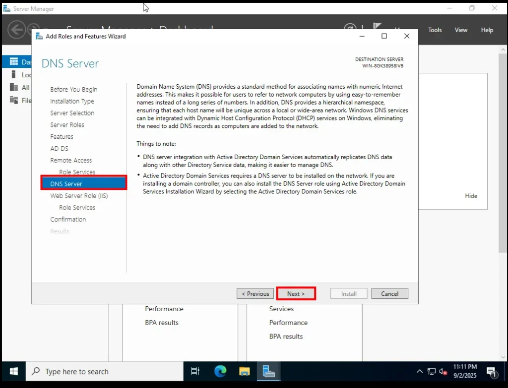 DNS server widget screen