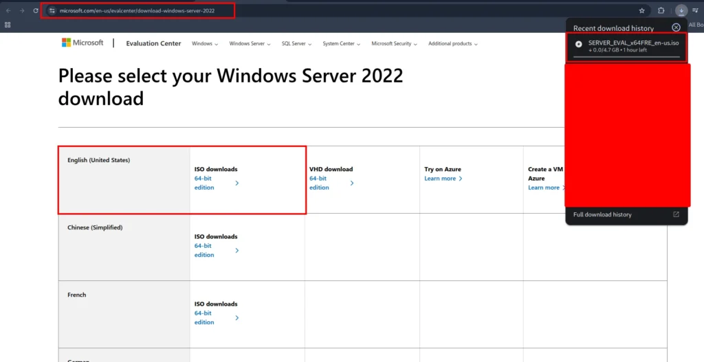 downloading window server 2022 ISO for VMware Workstation