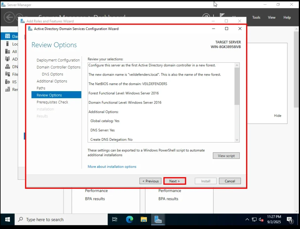 Review Option Widget Screen of AD - DS