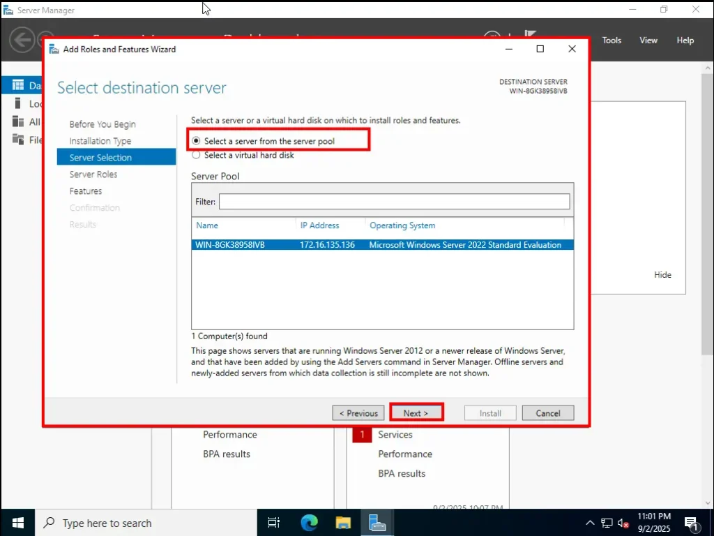 Select Destination Server widget window click server pool