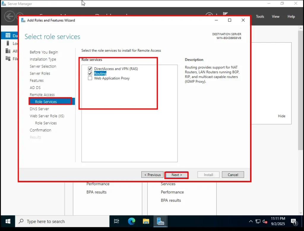 Select Role Services for Remote Access Server