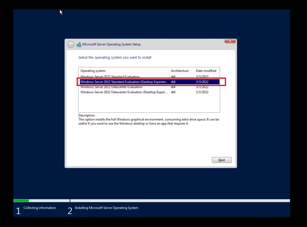Select the Desktop Experience Standard Evaluation window Server ISO for Better Experience