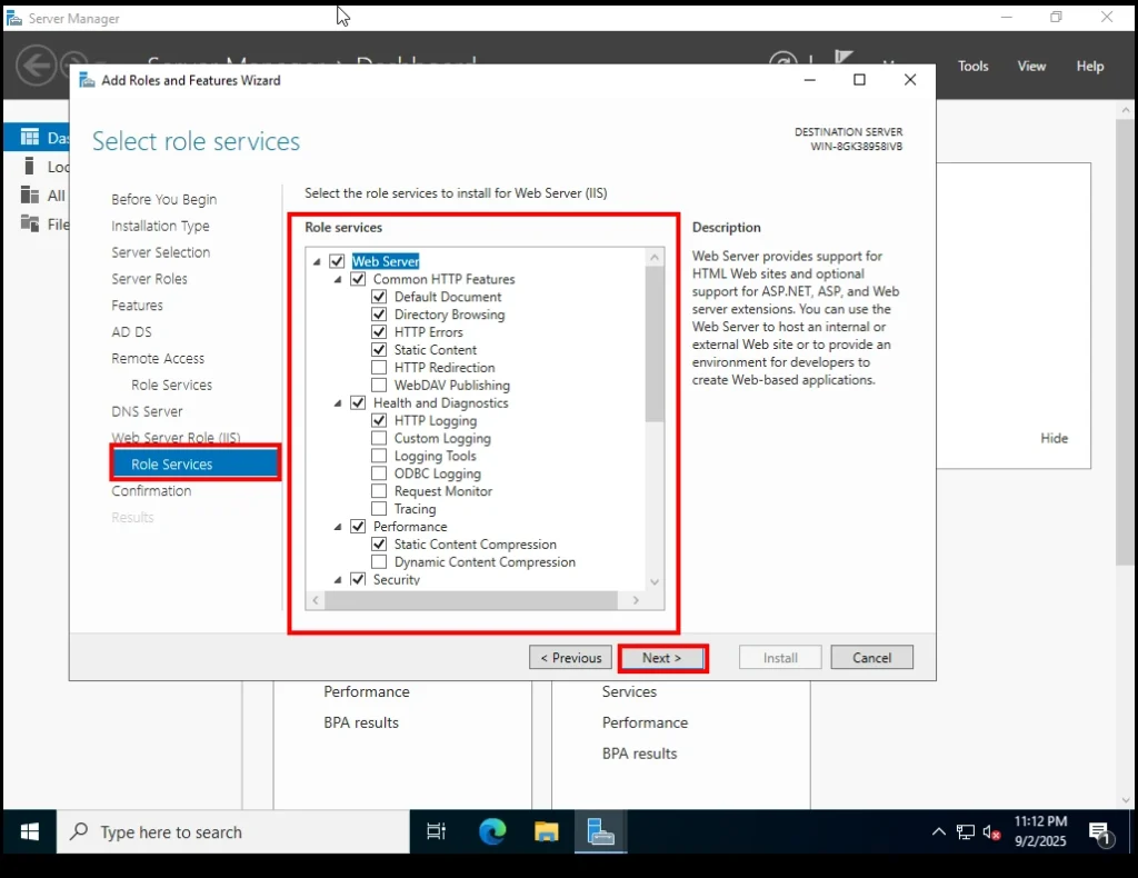 Select the Role Services to install for web server