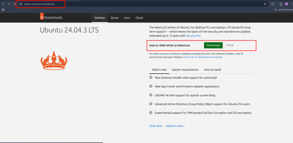 Step 1: Ubuntu 24.04.3 LTS download page on the official Ubuntu website.