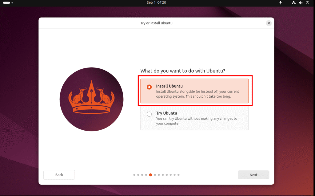 select language, keyboard, and network before choosing ‘Install Ubuntu’.