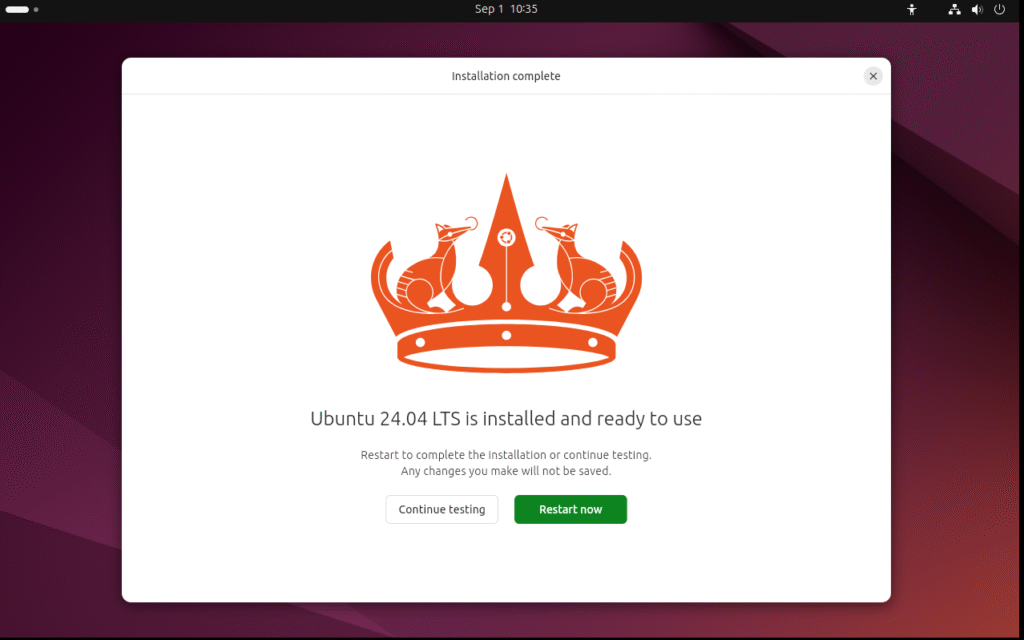 Finish the installation wizard – Ubuntu installs and prompts for reboot.