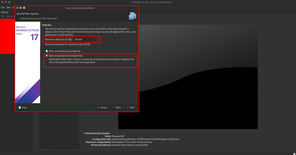 Set the virtual disk size (20–30 GB recommended) and select ‘Split virtual disk into multiple files’.