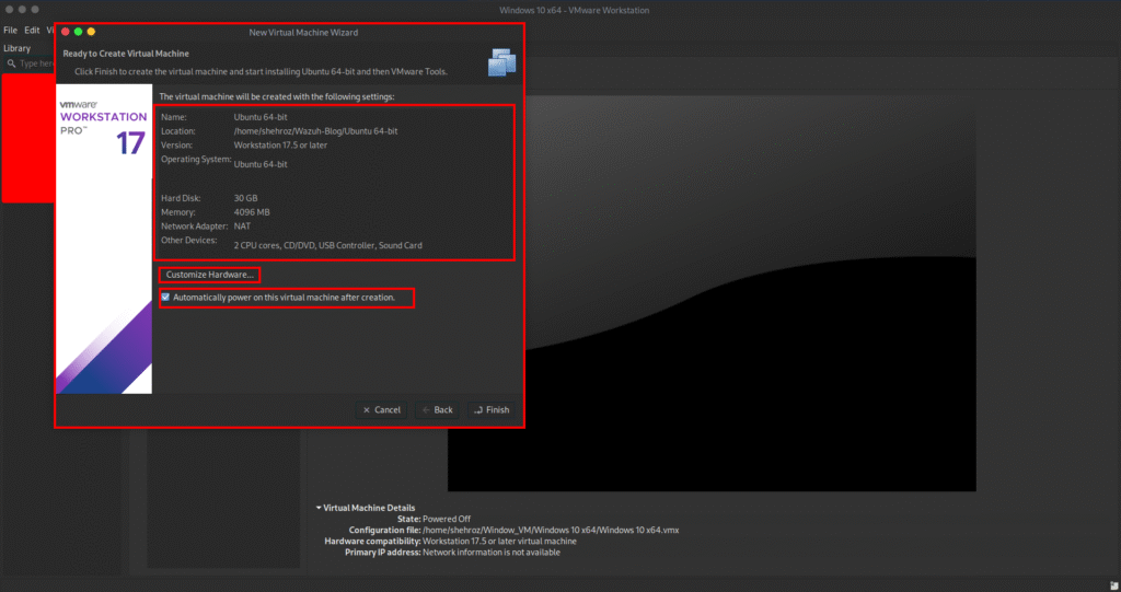 Review the final settings. You can customize hardware, adjust network mode, or choose whether to power on the VM immediately after creation.