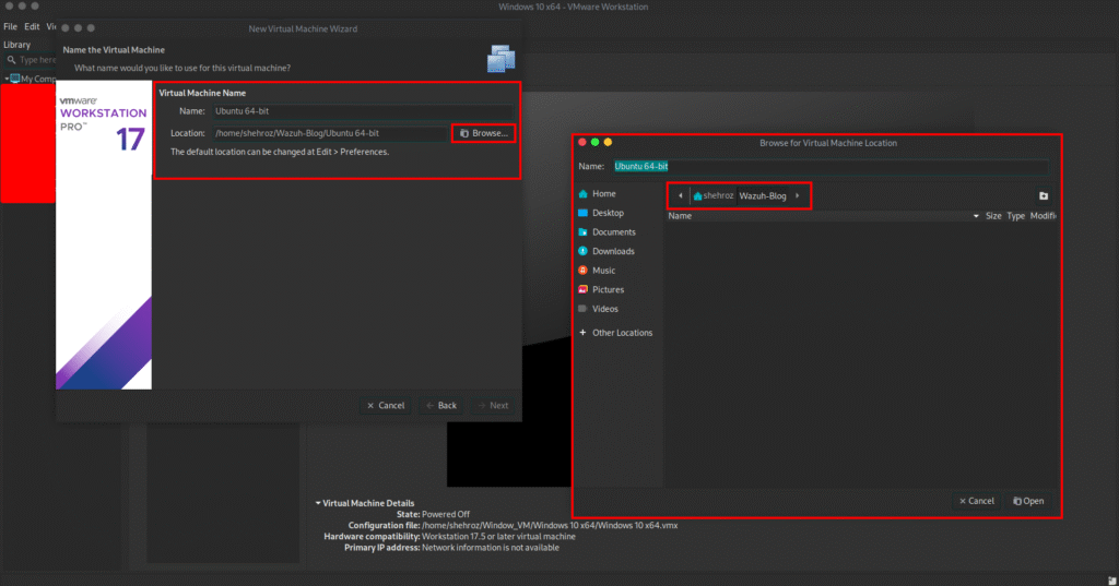 Name your virtual machine and choose a storage location.