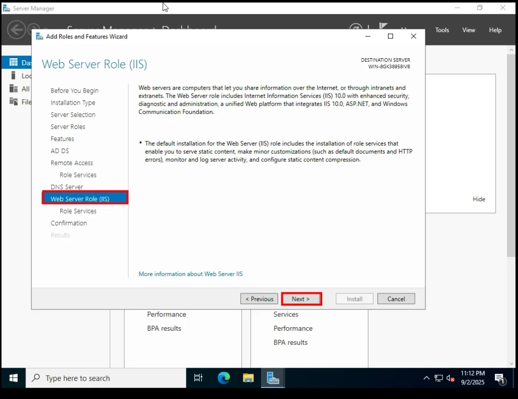Web Server Role (IIS) widget screen